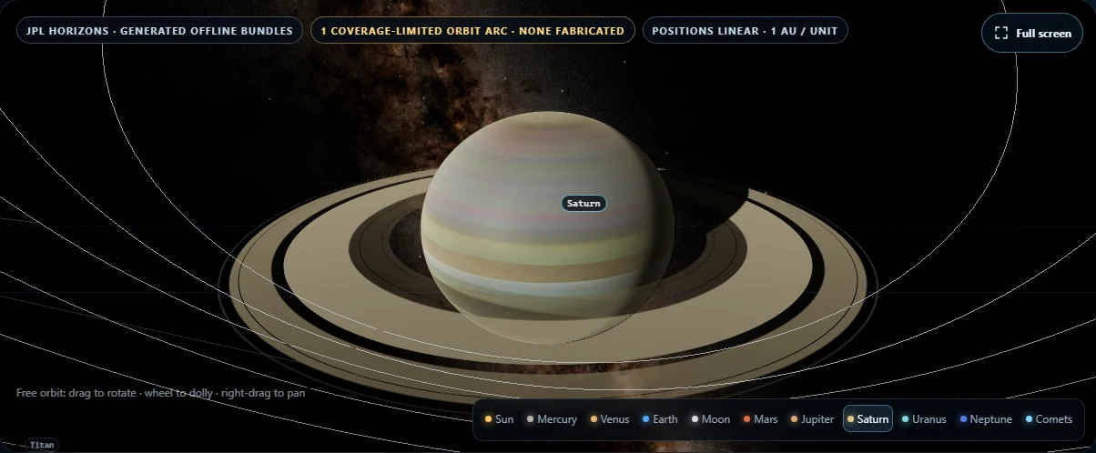 Saturn’s ring preset exposes the radial divisions and the relationship between the planet, ring plane and illumination. The rendering is a model, not a Cassini photograph.
